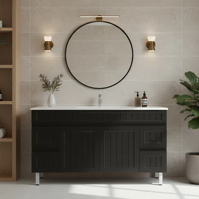 CETO ACACIA SHAKER MATTE BLACK 1500MM SINGLE BOWL FLOOR STANDING VANITY