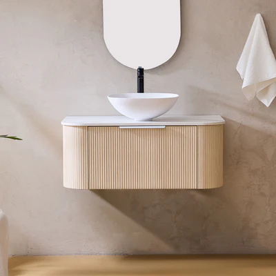 LUKKA AGENA COSTAL OAK FLUTED 1200MM CURVE SINGLE BOWL WALL HUNG VANITY