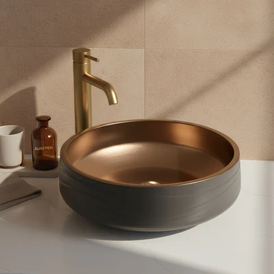 POSEIDON RONDA ABOVE COUNTER BASIN MATTE BLACK AND COPPER 410MM