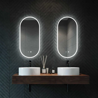 REMER GATSBY OVAL FRAMELESS LED MIRROR W/ DEMISTER & PORTABLE MAGNIFIER 450X900MM