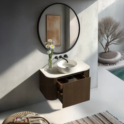 ORIO HAYMAN DARK WALNUT FLUTED 900MM CURVE SINGLE BOWL WALL HUNG VANITY