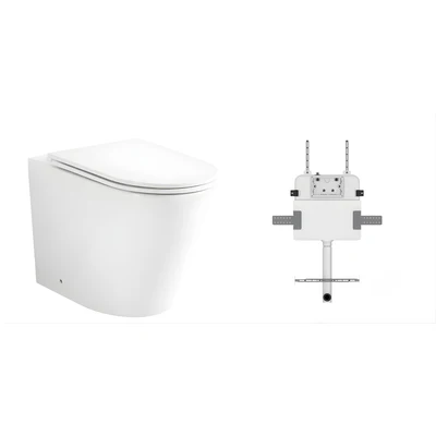 ZUMI JAVA RIMLESS WALL FACED FLOOR PAN WITH R&T IN WALL CISTERN & FLUSH BUTTON PACKAGE GLOSS WHITE