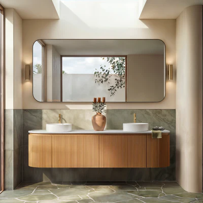 ORIO FITZROY LIGHT WALNUT FLUTED 1800MM CURVE DOUBLE BOWL WALL HUNG VANITY
