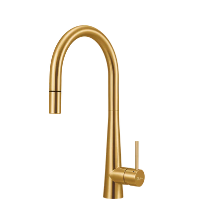 OLIVERI ESSENTE 316 LEAD FREE GOOSE NECK PULL OUT KITCHEN MIXER 443MM BRUSHED GOLD
