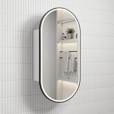 AULIC BEAU MONDE MATTE BLACK FRAMED MATTE WHITE LED SHAVING CABINET 450X900MM