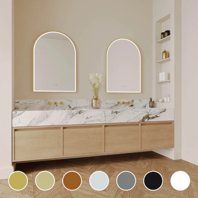 REMER ARCH FRAMED LED MIRROR W/ DEMISTER & PORTABLE MAGNIFIER CUSTOM COLOURS 700X1000MM