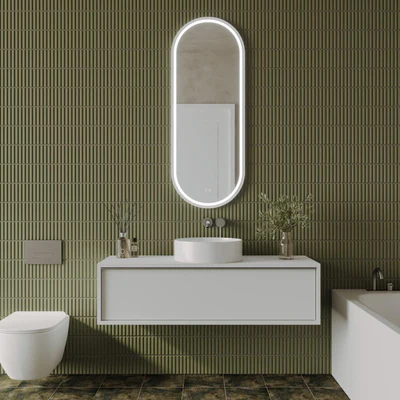 REMER GATSBY OVAL FRAMELESS LED MIRROR W/ DEMISTER & PORTABLE MAGNIFIER 450X1200MM