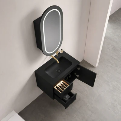 LUKKA ALLISON MATTE BLACK LED MIRROR SHAVING CABINET 450MM