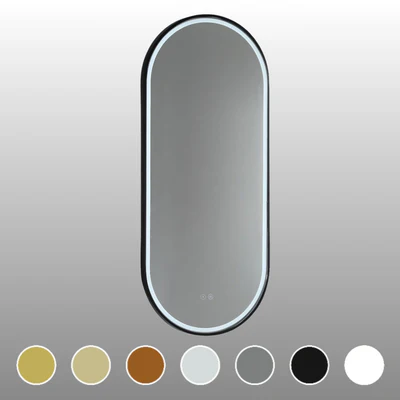 REMER GATSBY OVAL FRAMED LED MIRROR W/ DEMISTER & PORTABLE MAGNIFIER CUSTOM COLOURS 450X1200MM