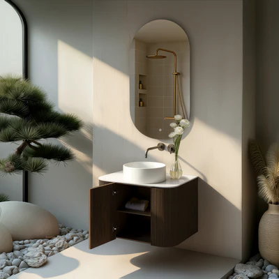ORIO HAYMAN DARK WALNUT FLUTED 600MM CURVE SINGLE BOWL WALL HUNG VANITY