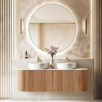 ORIO HAYMAN LIGHT WALNUT FLUTED 1500MM CURVE DOUBLE BOWL WALL HUNG VANITY