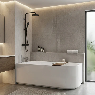 ATTICA CELINE LEFT CORNER BATHTUB WITH OVERFLOW GLOSS WHITE (AVAILABLE IN 1500MM AND 1700MM)
