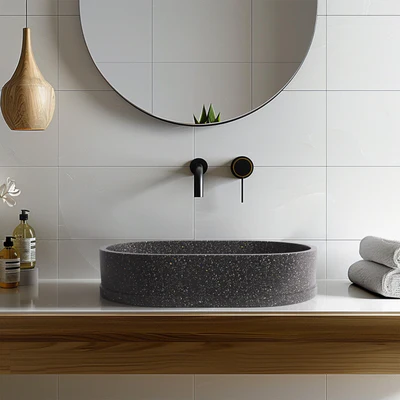 MADU MARGO OVAL ABOVE COUNTER BASIN TERRAZO STONE PROUD EDGE BLACK 585MM