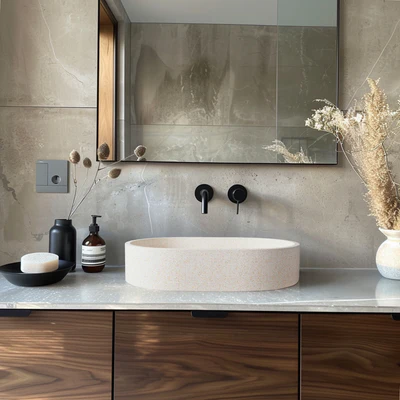 MADU MARGO OVAL ABOVE COUNTER BASIN TERRAZO STONE SEAMLESS EDGE WHITE 575MM