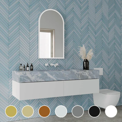 REMER ARCH FRAMED LED MIRROR W/ DEMISTER & PORTABLE MAGNIFIER CUSTOM COLOURS 500X900MM