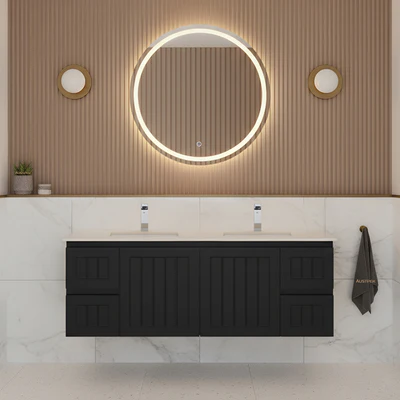 CETO ACACIA SHAKER MATTE BLACK 1500MM DOUBLE BOWL WALL HUNG VANITY