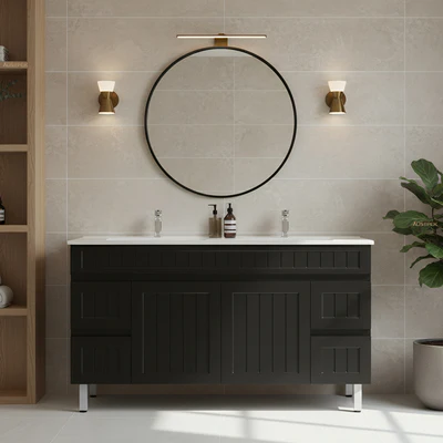 CETO ACACIA SHAKER MATTE BLACK 1500MM DOUBLE BOWL FLOOR STANDING VANITY