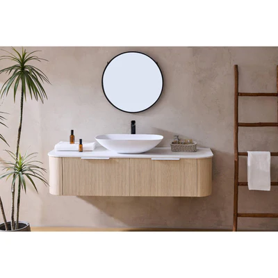LUKKA AGENA COSTAL OAK FLUTED 1500MM CURVE SINGLE BOWL WALL HUNG VANITY