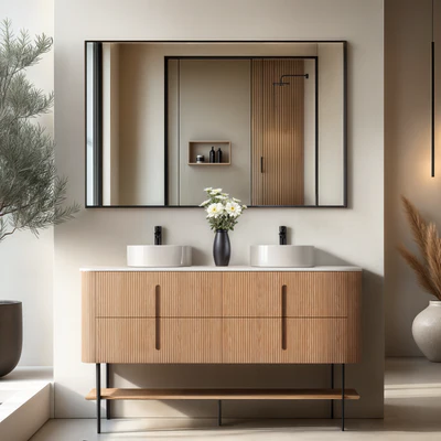 ORIO PINE LIGHT WALNUT FLUTED 1500MM CURVE DOUBLE BOWL FLOOR STANDING VANITY
