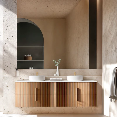 ORIO EDEN LIGHT WALNUT 1800MM DOUBLE BOWL WALL HUNG VANITY