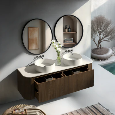 ORIO HAYMAN DARK WALNUT FLUTED 1500MM CURVE DOUBLE BOWL WALL HUNG VANITY