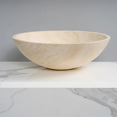 GALLARIA CETTI ROUND ABOVE COUNTER STONE BASIN ULTRA WHITE TRAVERTINE 430MM