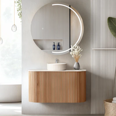 ORIO HAYMAN LIGHT WALNUT FLUTED 900MM CURVE SINGLE BOWL WALL HUNG VANITY