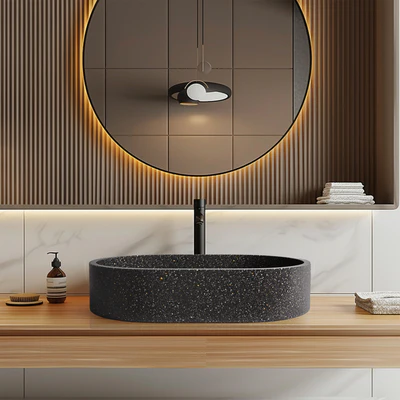 MADU MARGO OVAL ABOVE COUNTER BASIN TERRAZO STONE SEAMLESS EDGE BLACK 575MM