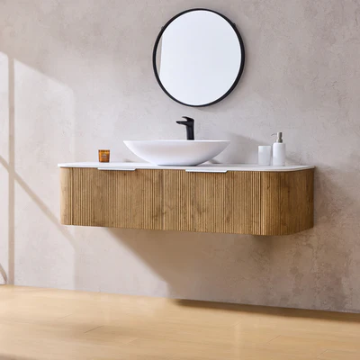 LUKKA AGENA PRIME OAK FLUTED 1800MM CURVE SINGLE BOWL WALL HUNG VANITY