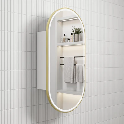 AULIC BEAU MONDE BRUSHED GOLD FRAMED MATTE WHITE LED SHAVING CABINET 450X900MM