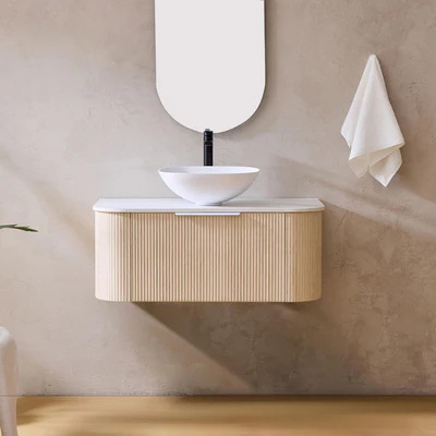 LUKKA AGENA COSTAL OAK FLUTED 900MM CURVE SINGLE BOWL WALL HUNG VANITY