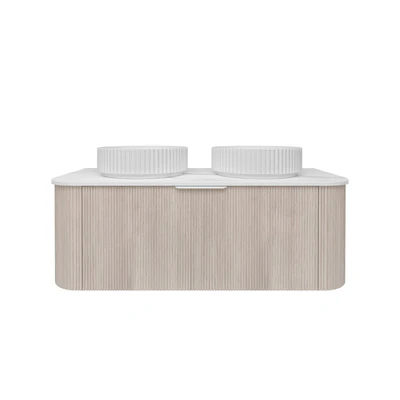 LUKKA AGENA COSTAL OAK FLUTED 1200MM CURVE DOUBLE BOWL WALL HUNG VANITY