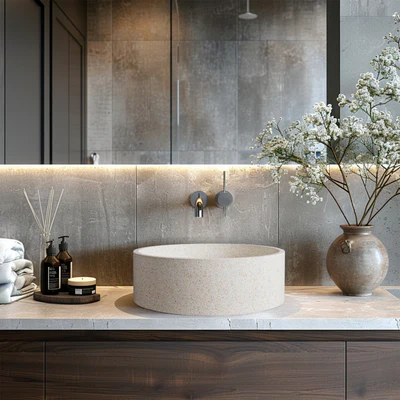 MADU BELLA ROUND ABOVE COUNTER BASIN TERRAZO STONE WHITE 370MM