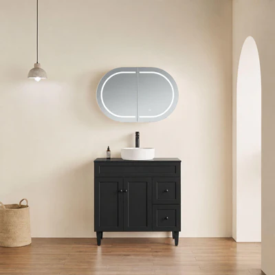 LUKKA ALLISON MATTE BLACK LED MIRROR SHAVING CABINET 900MM