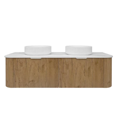 LUKKA AGENA PRIME OAK FLUTED 1500MM CURVE DOUBLE BOWL WALL HUNG VANITY