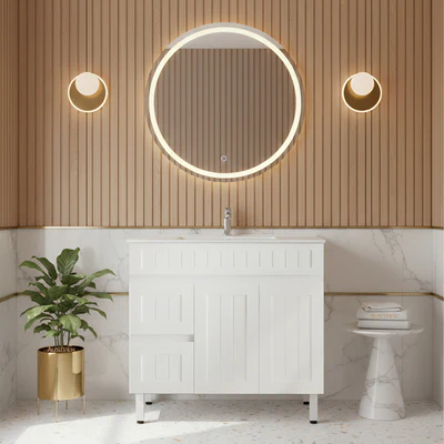 CETO ACACIA SHAKER MATTE WHITE 900MM SINGLE BOWL FLOOR STANDING VANITY (AVAILABLE IN LEFT AND RIGHT HAND DRAWER)