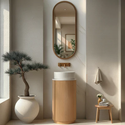 ORIO BAUDIN LIGHT WALNUT FLUTED 400MM FLOORSTANDING VANITY WITH SINTERED STONE TOP