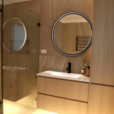 REMER ECLIPSE ROUND FRAMED LED MIRROR WITH DIMMER & DEMISTER MATTE BLACK 800X800MM