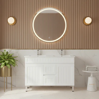 CETO ACACIA SHAKER MATTE WHITE 1200MM DOUBLE BOWL FLOOR STANDING VANITY