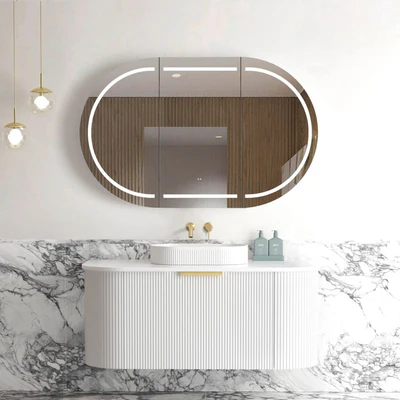 OTTI BONDI MATTE WHITE FLUTED 1200MM CURVE SINGLE BOWL WALL HUNG VANITY (SHOWROOM DISPLAY)