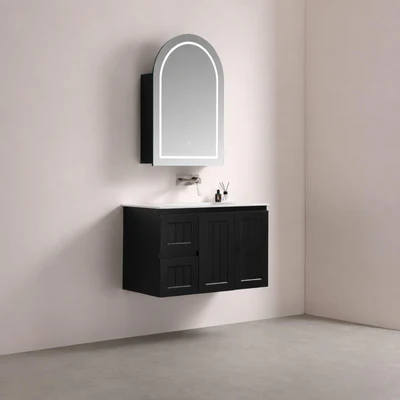 LUKKA ALLISON MATTE BLACK LED MIRROR SHAVING CABINET 600MM