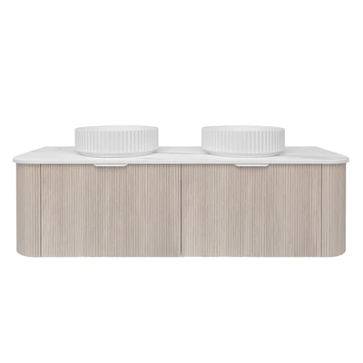LUKKA AGENA COSTAL OAK FLUTED 1500MM CURVE DOUBLE BOWL WALL HUNG VANITY