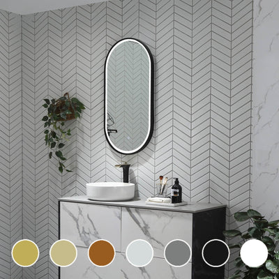 REMER GATSBY OVAL FRAMED LED MIRROR W/ DEMISTER & PORTABLE MAGNIFIER CUSTOM COLOURS 450X900MM