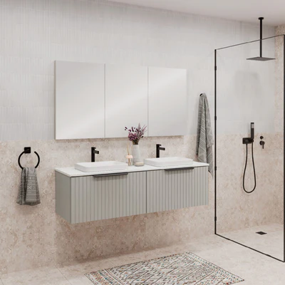 FIENZA BAYVIEW STONE GREY MATTE 1500MM DOUBLE BOWL WALL HUNG VANITY