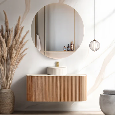 ORIO HAYMAN LIGHT WALNUT FLUTED 1200MM CURVE SINGLE BOWL WALL HUNG VANITY