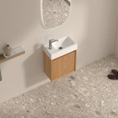 ORIO MONTEBELLO LIGHT WALNUT SPACE SAVING WALL HUNG VANITY WITH SOLID SURFACE BASIN 450MM