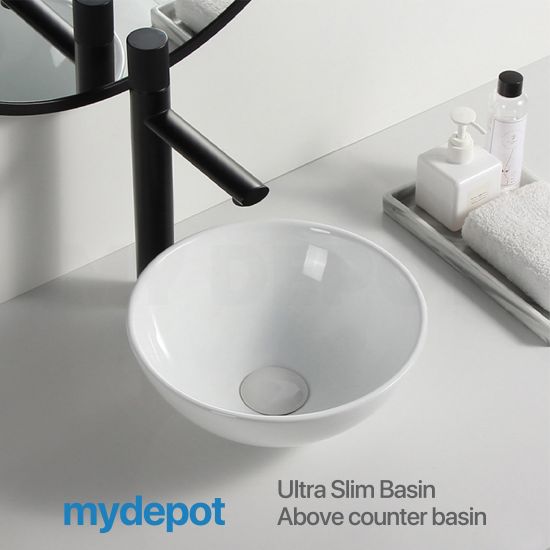320x320x140mm Round Above Counter Basin Ultra Slim Gloss White Ceramic Basin