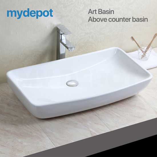 600*385*130mm Rectangle Gloss White Ceramic Above Counter Basin Non-overflow