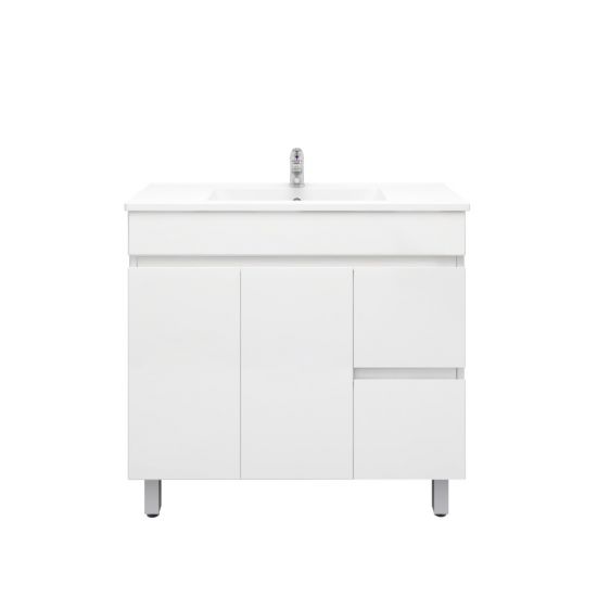 900L*850H*360DMM Gloss White PVC Bathroom Vanity Right Drawers Free Standing