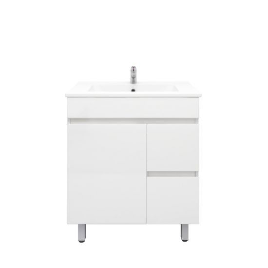 750L*850H*460DMM Gloss White PVC Bathroom Vanity  Right Drawers Free Standing